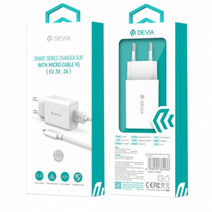 Комплект DEVIA [Адаптер USB + Кабель micro-USB] Smart Series Charger Suit V3 (EU,5V,2A) White 529-0 фото