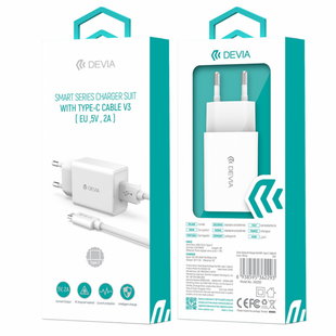 Комплект DEVIA [Адаптер USB + Кабель Type-C] Smart Series Charger Suit V3 (EU,5V,2A) White 529-1 фото
