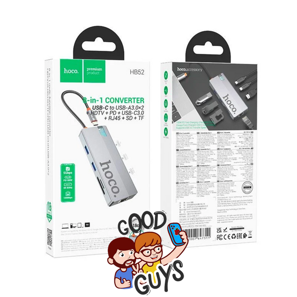 Хаб Type-C(PD) HOCO HB52 Wow 8in1 multi-converter (HDTV+RJ45+SD/TF+PD+TYPE-C3.0+USB3.0*2) Gray 4242-0 фото