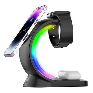 Бездротова зарядка 3в1 30W MagSafe RGB Light зі світильником Black 2043-0 фото