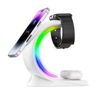 Бездротова зарядка 3в1 30W MagSafe RGB Light зі світильником White 2043-1 фото