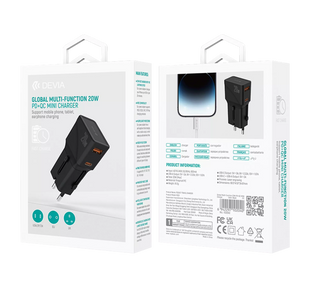 Адаптер DEVIA [USB+USB-C] Global Multi-Function PD+QC Mini Charger - 20W Black 2395-0 фото