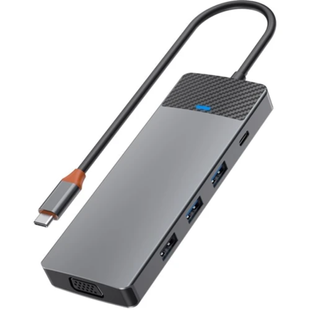 Адаптер Wiwu [A921HV] Linker 9in1 USB-C to USB-C+USB2.0 +2xUSB3.0+ SD/Micro SD+VGA+HDMI+PD 100W Gray 4341-0 фото