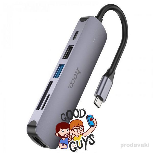 Хаб USB HOCO HB28 6 in1 Type-C HDTV+USB3.0+USB2.0+SD+TF+PD Gray 2829-0 фото