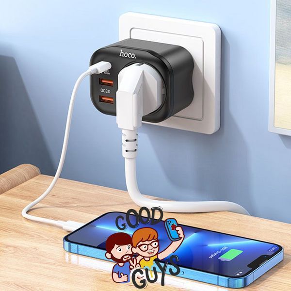Мережевий зарядний пристрій Hoco NS3 [Розетка EU / 2xUSB / USB-C] PD QC 20W 3A Black 1909-1 фото