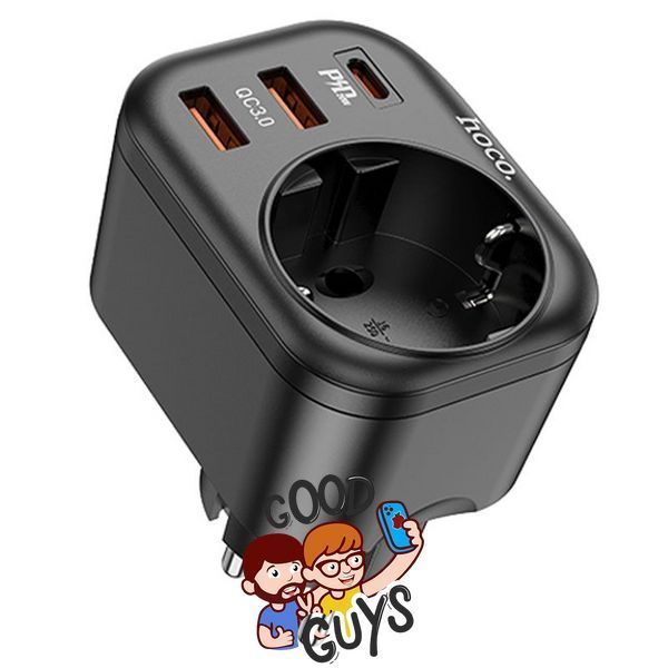 Мережевий зарядний пристрій Hoco NS3 [Розетка EU / 2xUSB / USB-C] PD QC 20W 3A Black 1909-1 фото