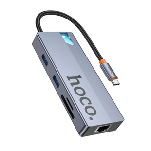 Адаптер HOCO HB52 Wow 8-in-1 multi-function converter Type-C to HDTV+RJ45+SD/TF+PD+Type-C3.0+USB3.0x2 Silver 4459-0 фото