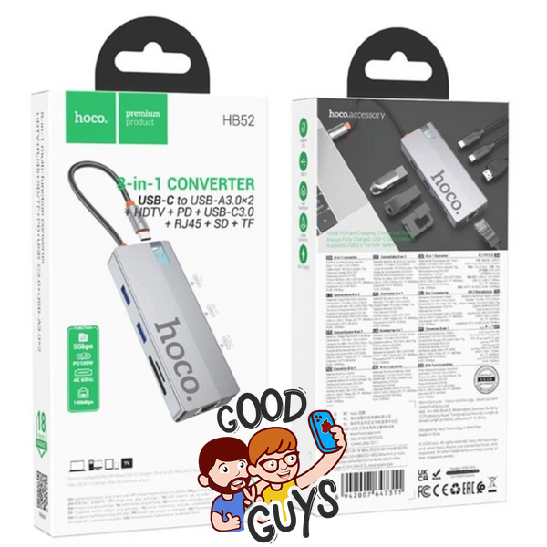 Адаптер HOCO HB52 Wow 8-in-1 multi-function converter Type-C to HDTV+RJ45+SD/TF+PD+Type-C3.0+USB3.0x2 Silver 4459-0 фото