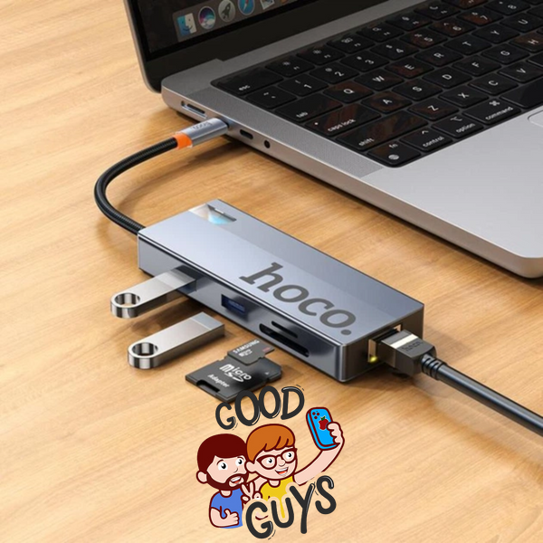 Адаптер HOCO HB52 Wow 8-in-1 multi-function converter Type-C to HDTV+RJ45+SD/TF+PD+Type-C3.0+USB3.0x2 Silver 4459-0 фото