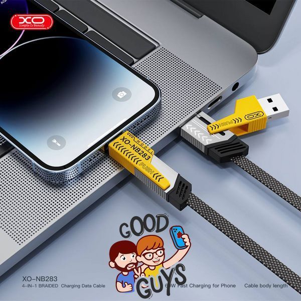 Кабель XO-NB283 [USB/2xType-C/Lightning] 4in1 Braided Charging Data Cable Black/Yellow 2858-0 фото