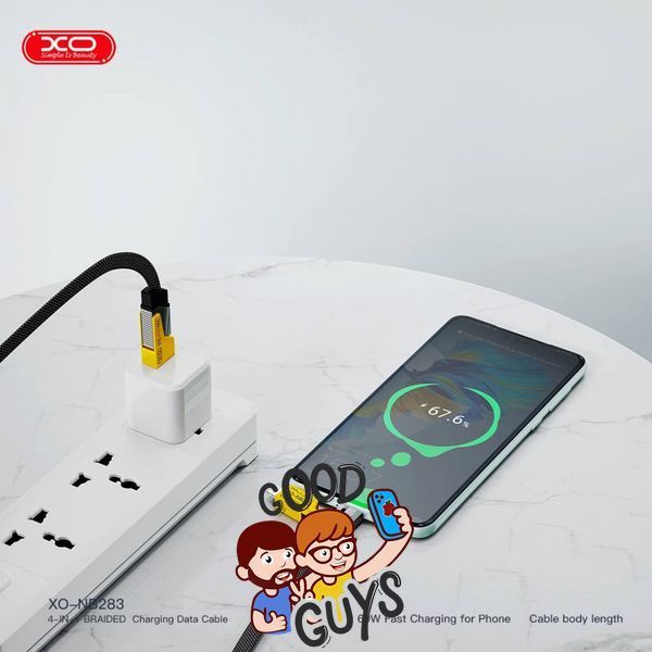 Кабель XO-NB283 [USB/2xType-C/Lightning] 4in1 Braided Charging Data Cable Black/Yellow 2858-0 фото