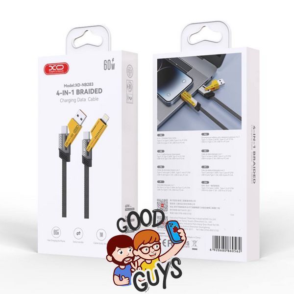 Кабель XO-NB283 [USB/2xType-C/Lightning] 4in1 Braided Charging Data Cable Black/Yellow 2858-0 фото